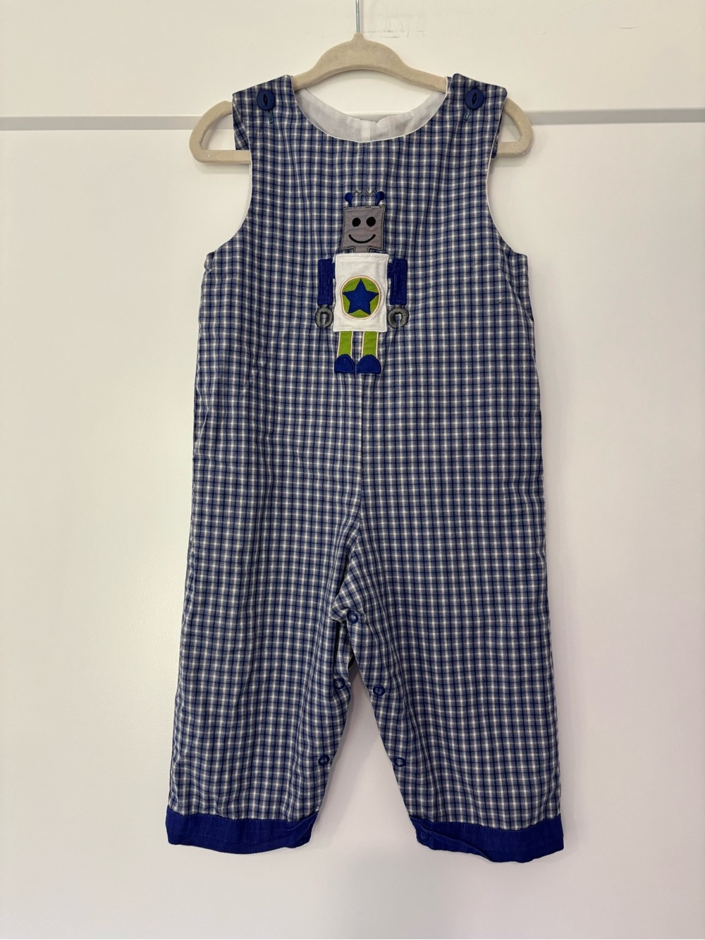 Vintage Glorimoni Blue Plaid Robot Embroidered Overall Romper 12 months